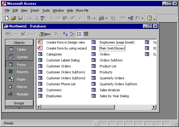 an Access 2000 database open and ready for use